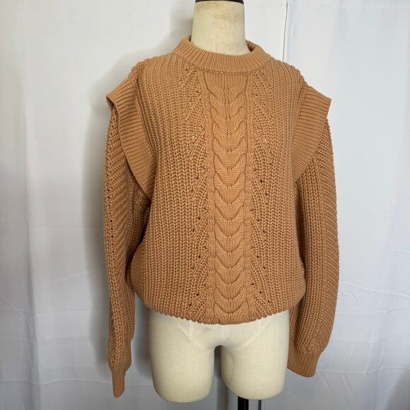 Böhme Chunky Cable Knit Sweater Boho Ruffle Shoulder 100% Cotton Tan Medium - Picture 2 of 7